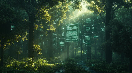 Futuristic Digital Transparent Interfaces in a Serene Illuminated Forest Environment
