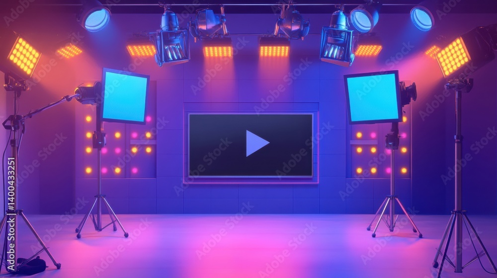 Aufkleber broadcast setup for live news with microphone, timer and lighting array in studio environment