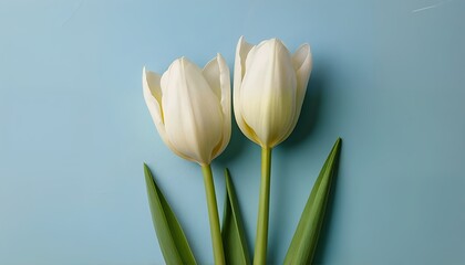 Naklejka premium a minimalist flat lay featuring two creamy white tulips with vibrant green leaves against a soft blue background.