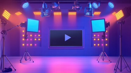 Broadcast setup for live news with microphone, timer and lighting array in studio environment