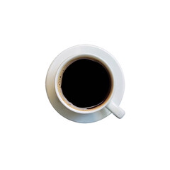High-angle view of a full cup of black coffee in a white ceramic cup and saucer on transparent background, PNG.
