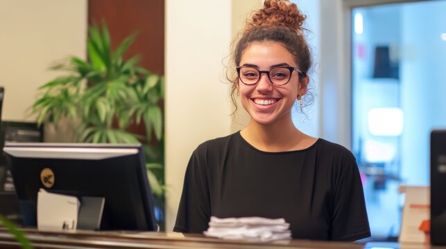 Smiling young woman receptionist at a desk.