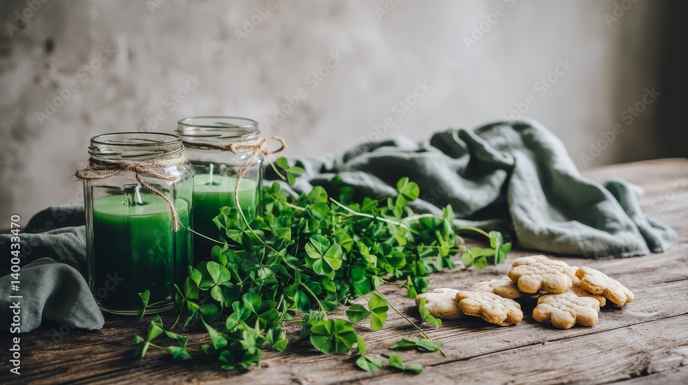 Poster A rustic table showcases vibrant emerald-green candles and delightful clover-shaped cookies, creating a warm and festive atmosphere for spring celebrations