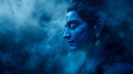 Fototapeta premium Shiva, the Hindu god, depicted in a wallpaper with blue skin foggy background