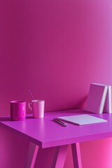 vibrant pink workspace with cups, notebooks, and pen on pink table against pink wall. monochromatic pink-themed office setup. modern interior design for creative projects and advertisements.