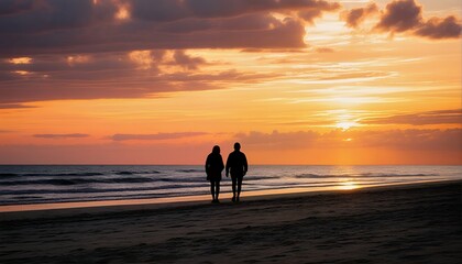 Fototapeta premium a silhouetted couple walks along a sandy beach toward the vibrant orange and red hues of a setting sun over the ocean.