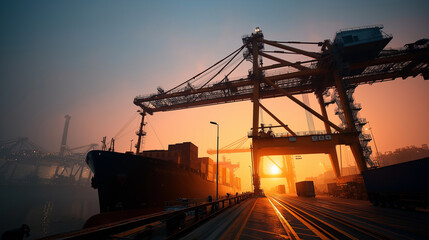 Fototapeta premium Shipyard at Sunrise with Crane and Logistics Operations