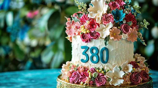Two-tiered cake adorned with vibrant floral fondant decorations and the number 380