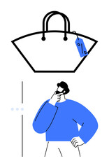 Person pondering with hand on chin below a handbag with price tag, symbolizing decision-making. Ideal for shopping, consumer behavior, e-commerce, budgeting, marketing, advertising, flat simple