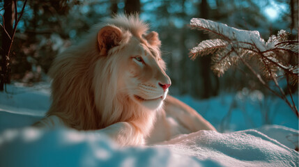 A Peaceful, Resting Lion Enjoying Winter in the Mountains.