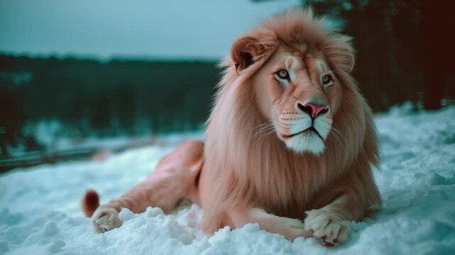 A Peaceful, Resting Lion Enjoying Winter in the Mountains.