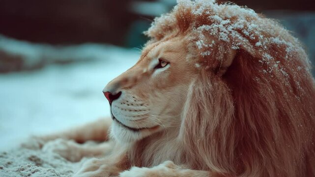 A Peaceful, Resting Lion Enjoying Winter in the Mountains.