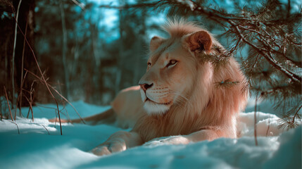 A Peaceful, Resting Lion Enjoying Winter in the Mountains.