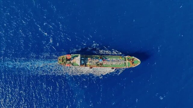 Aerial view of Oil chemical tanker sails blue sea