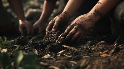 Hands planting seeds in rich dark soil.