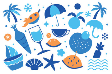 Naklejka premium Summer Collection with Palm Trees, Seafood, Umbrella, Drinks, Sweets and Water Wave