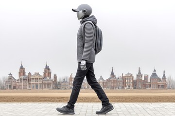 A bipedal robot walking through an urban testing ground