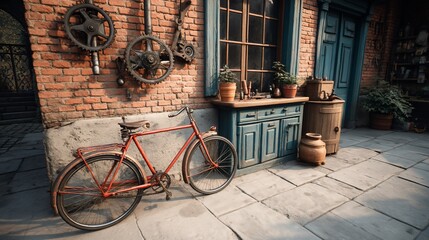 Bicycle near a brick wall, with tools & objects on the surface around