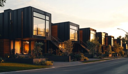Obraz premium Modern townhouses in a row at sunset. Rows of contemporary, dark-colored homes with large windows. Warm light from the setting sun casts a golden glow