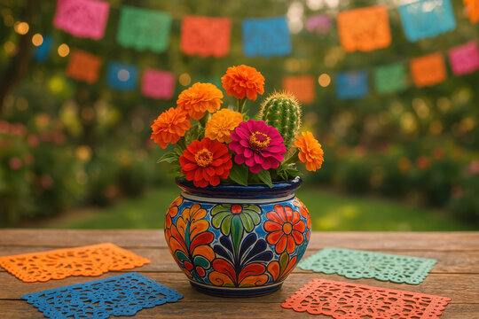 Arrangement floral mexicain dans un vase color&eacute; avec cactus, sur fond de fanions Cinco de Mayo et lumi&egrave;re de fin de journ&eacute;e