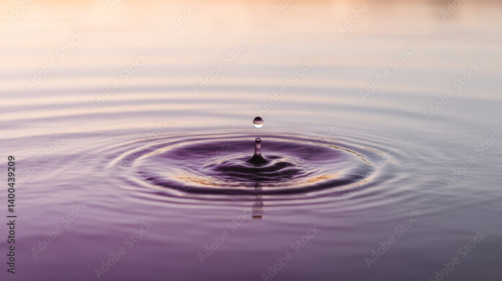 Aufkleber a dew drop creates a ripple across a calm lake during dusk, capturing amber and violet colors of the