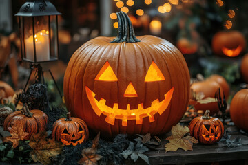 Fototapeta premium Carved pumpkin with a spooky face lit up by candles, casting an eerie glow in the dark.
