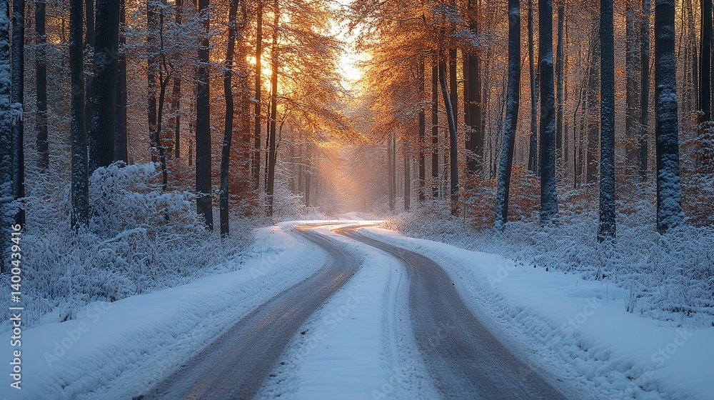 Poster enchanting winter journey: a snowy path through the luminous forest at dawn