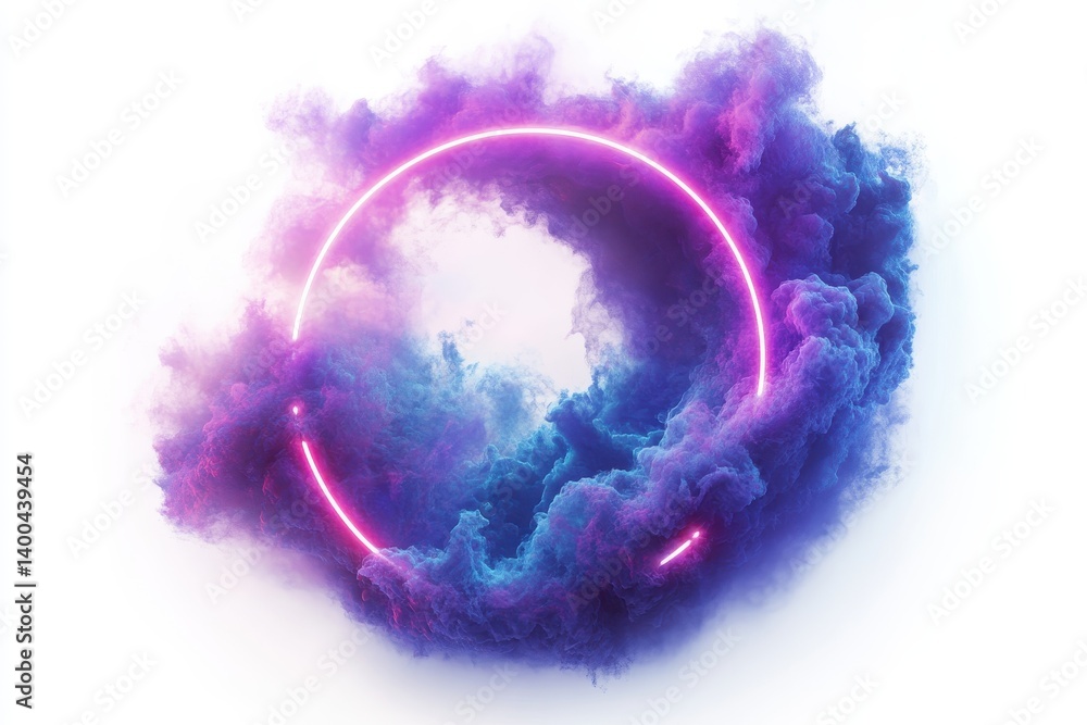 Poster Vibrant neon ring illuminates fluffy clouds against a dark sky at twilight creating a surreal atmosphere