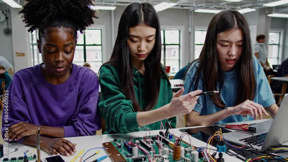 Aufkleber high-angle video shot of diverse students working on electronics projects in a classroom, showcasing
