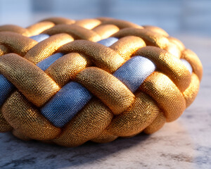 Close-up of a woven object with gold and silver strands, exhibiting a textured, intricate pattern