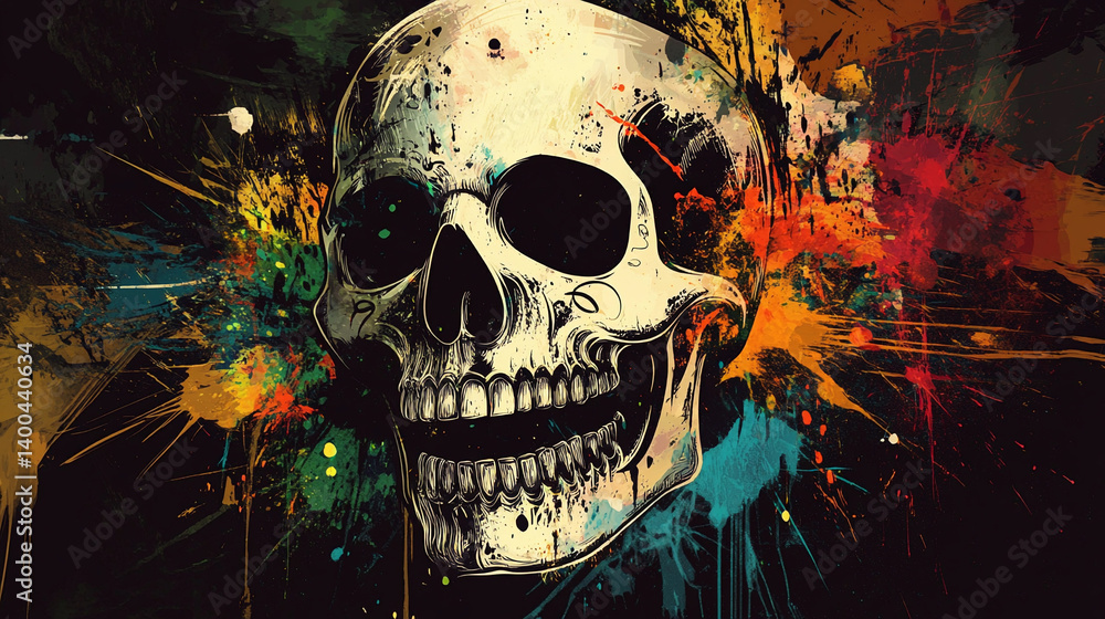 Poster artistic skull illustration with abstract colorful elements generative ai