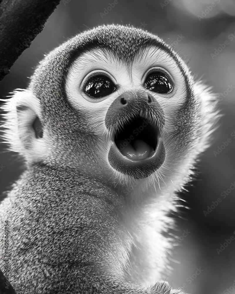Poster captivating monochrome portrait of a squirrel monkey with an open mouth in a natural setting