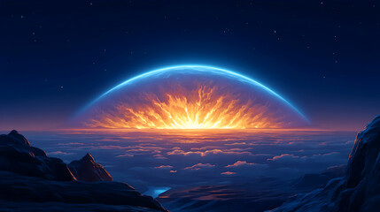 Fiery sunrise over a vibrant, glowing planet viewed from a mountainous peak above clouds under a starry night sky