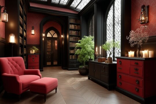 A gothic therapist office with candlelight, shadowy shelves of ancient mind tomes, and a mysterious analyst