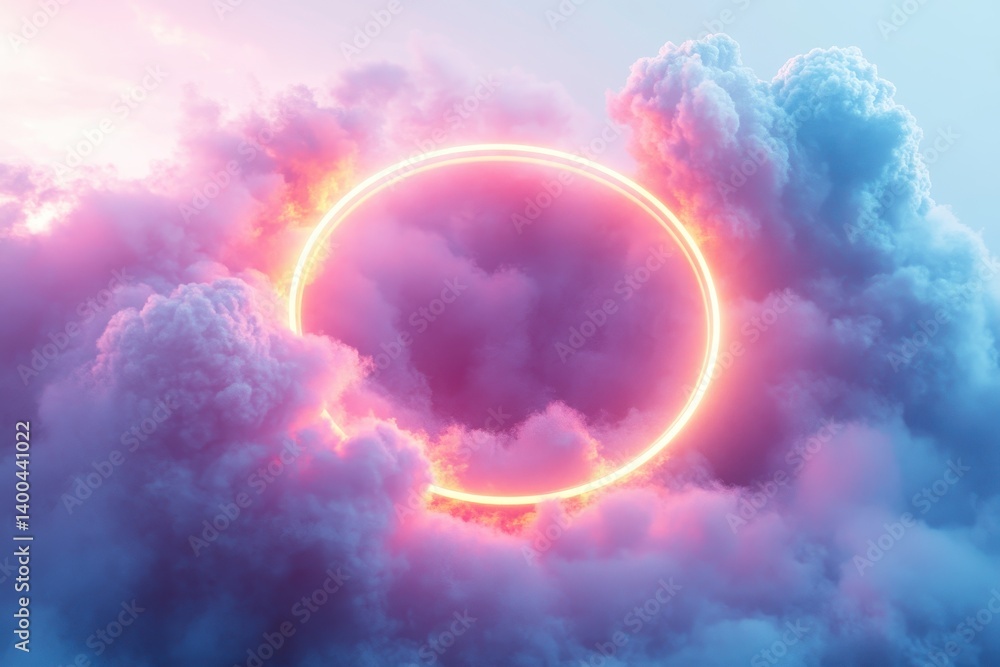 Poster vibrant neon ring illuminates fluffy clouds against a dark sky at twilight creating a surreal atmosp