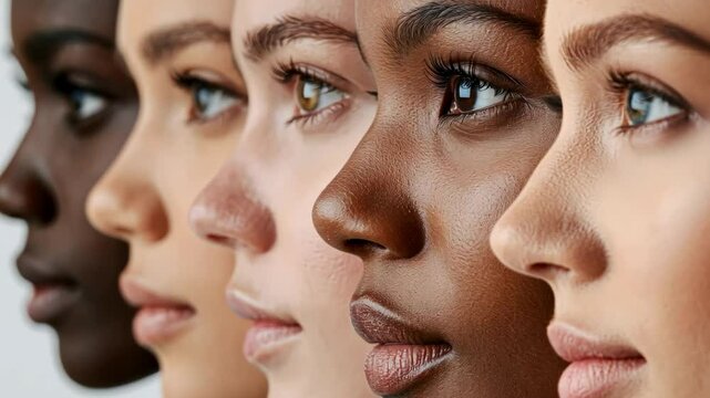 Group of diverse female models standing together, showcasing a range of skin tones and ethnicities, promoting inclusivity and diversity in beauty