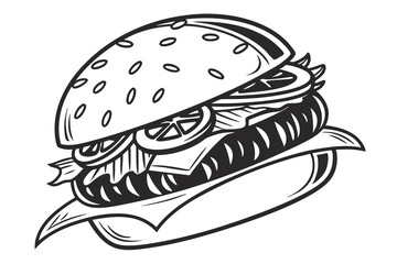 Fast food illustration of a burger with a burger, a vector drawing of a fast food hamburger sandwich with meat and cheese on a bun, an icon of a cartoon cheeseburger meal