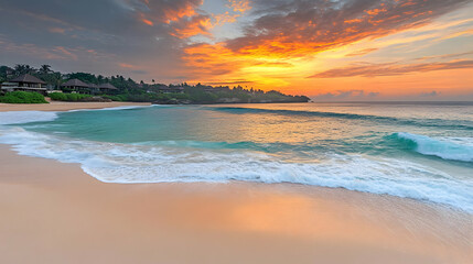 Obraz premium Coastal Sunset with Golden Sky Reflecting on Wet Sand with Ocean Waves and Distant Buildings in Shadow Under a Cloudy Sky at Dusk