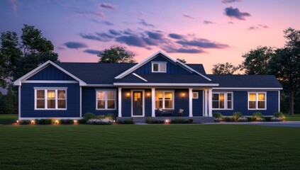 Charming, dark blue, rural home at dusk