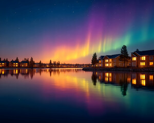 Night houses reflecting in calm lake under vibrant aurora borealis