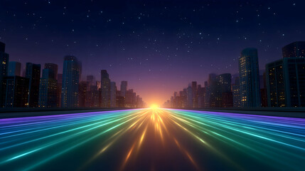Night city skyline with vibrant highway leading to sunrise