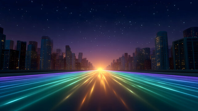 Night city skyline with vibrant highway leading to sunrise