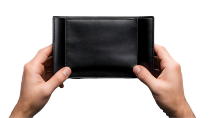 Hands holding black leather wallet.