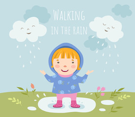 Little girl walking in the rain