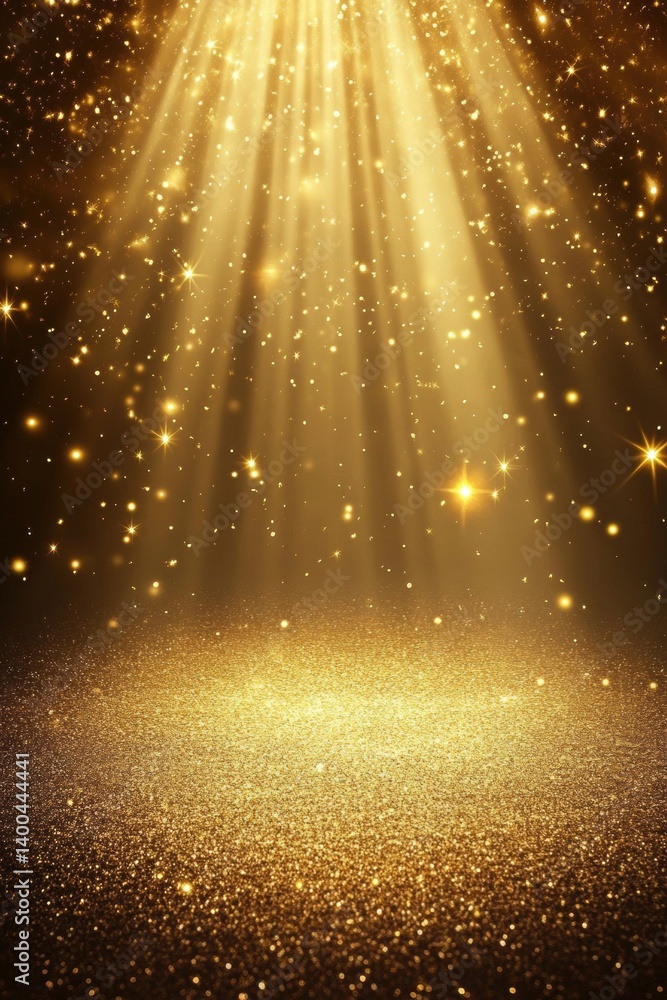 Poster radiant golden glitter background with sparkling light beams and shimmering particles creating a mag