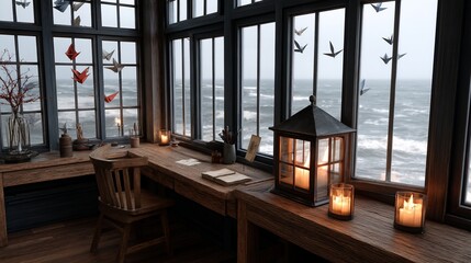 Cozy room overlooking a stormy sea with candles and paper birds in the window