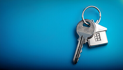 a silver key to a house attached to a keychain is shown against a blue background empty space for copying onto the keychain represents the idea of buying a new house and the real estate property