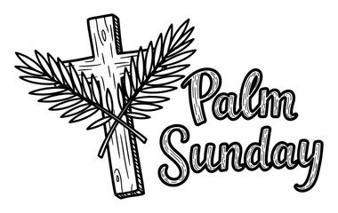 Palm Sunday holiday, cross and palm branches, religious vintage illustration