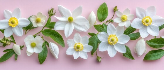 Obraz premium Elegant anemone blossom arrangement on soft pink surface capturing floral beauty and serene mood for spring themed design