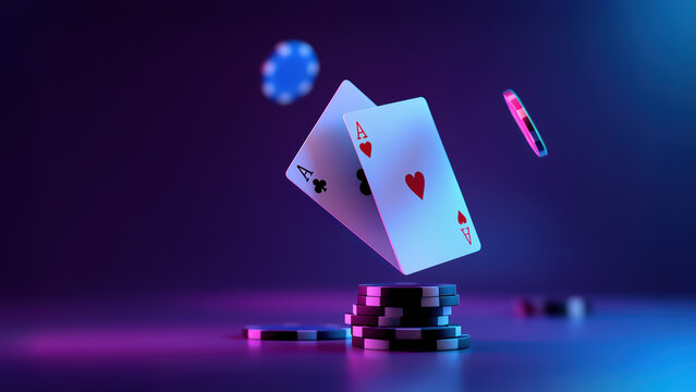 Poker cards and chips floating in air, Pair of Aces, Texas Holdem Poker, Playing Cards, Casino, Pink and Blue Dark Background